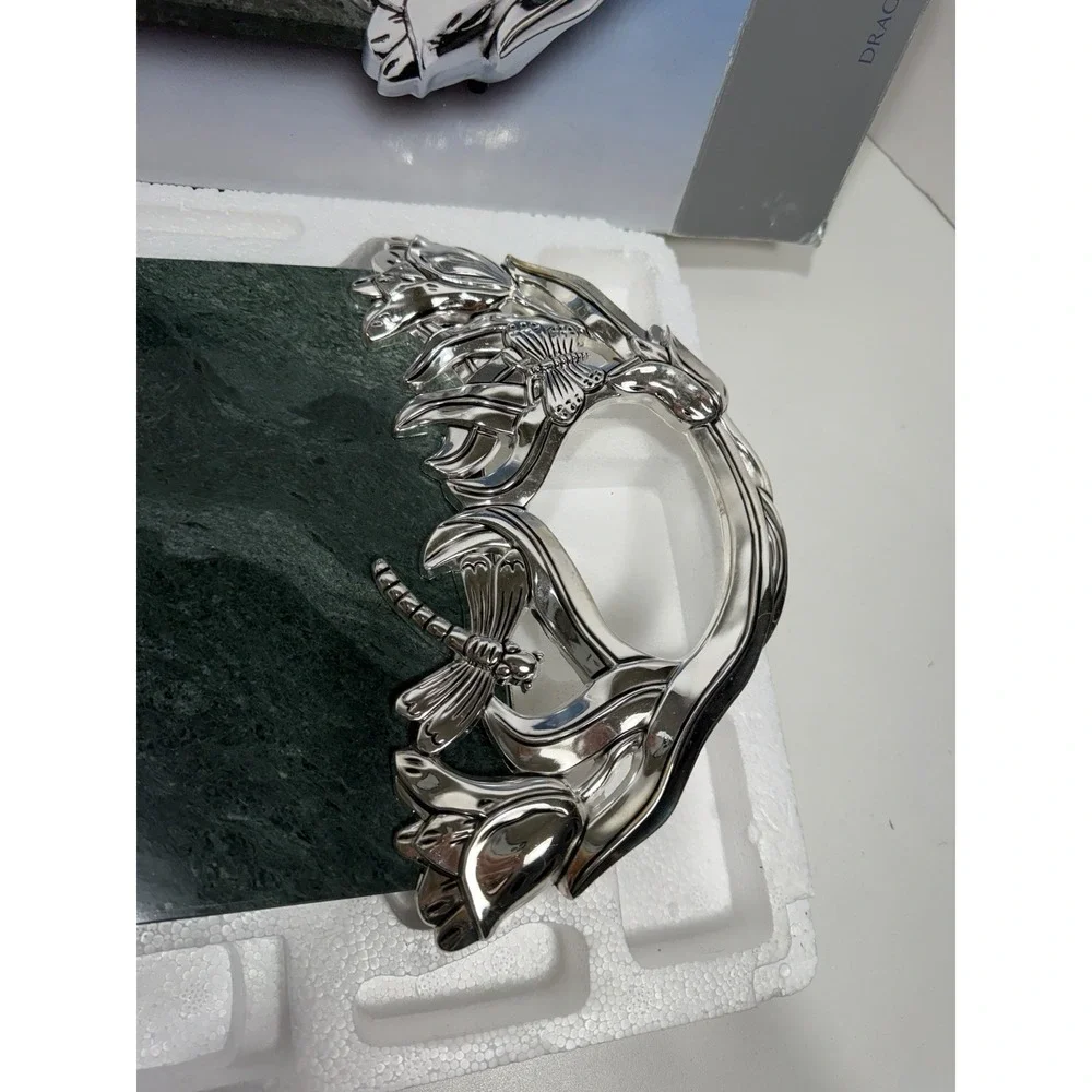 Godinger Silver Plated Dragonfly Green Marble‎ Tray NO KNIFE Cheese Tray